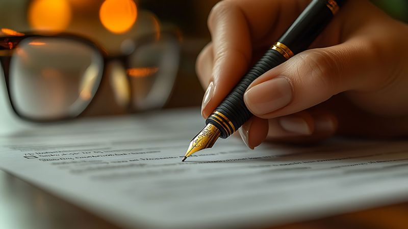 Close-up of a hand writing with a fountain pen, glasses in the background on a softly lit desk.