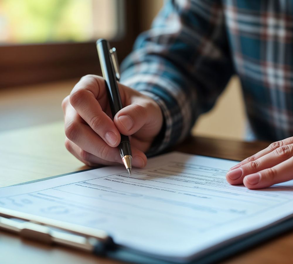 Close-up of a hand signing a document with a pen on a clipboard, symbolizing paperwork and contract agreements.