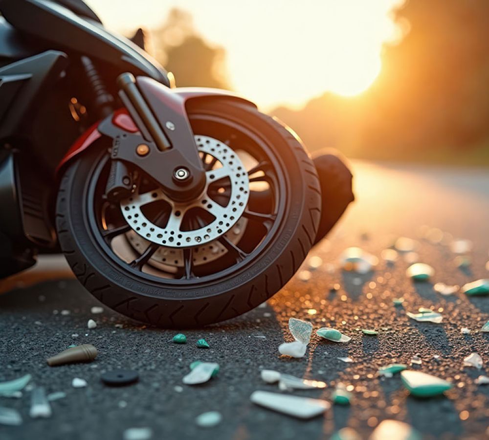 Motorcycle crash on road with scattered debris at sunset.
