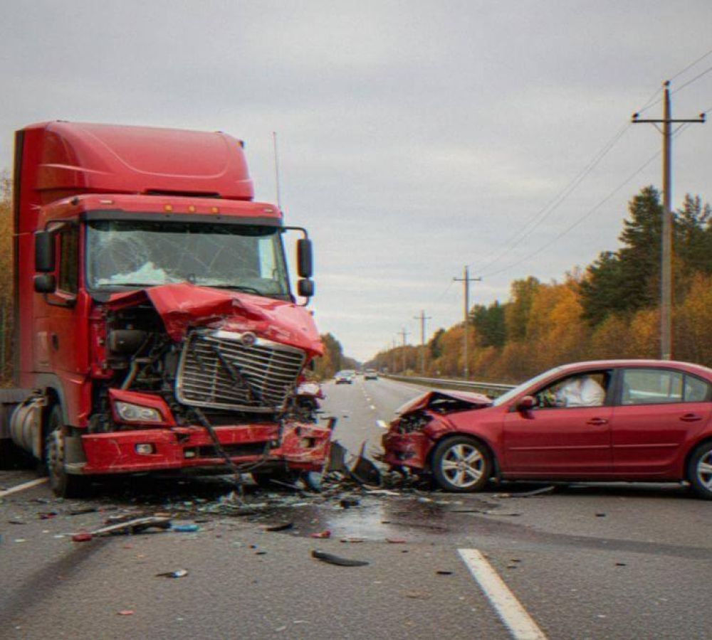 Red truck and car involved in an accident on the
