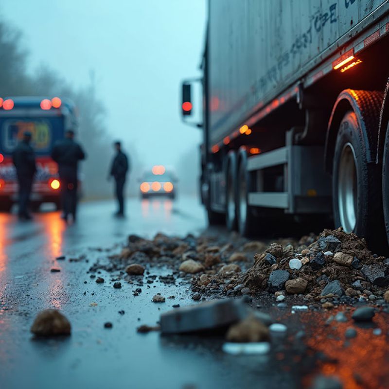 Truck roadside breakdown with debris scattered on wet roadway, emergency responders near vehicles with flashing lights.
