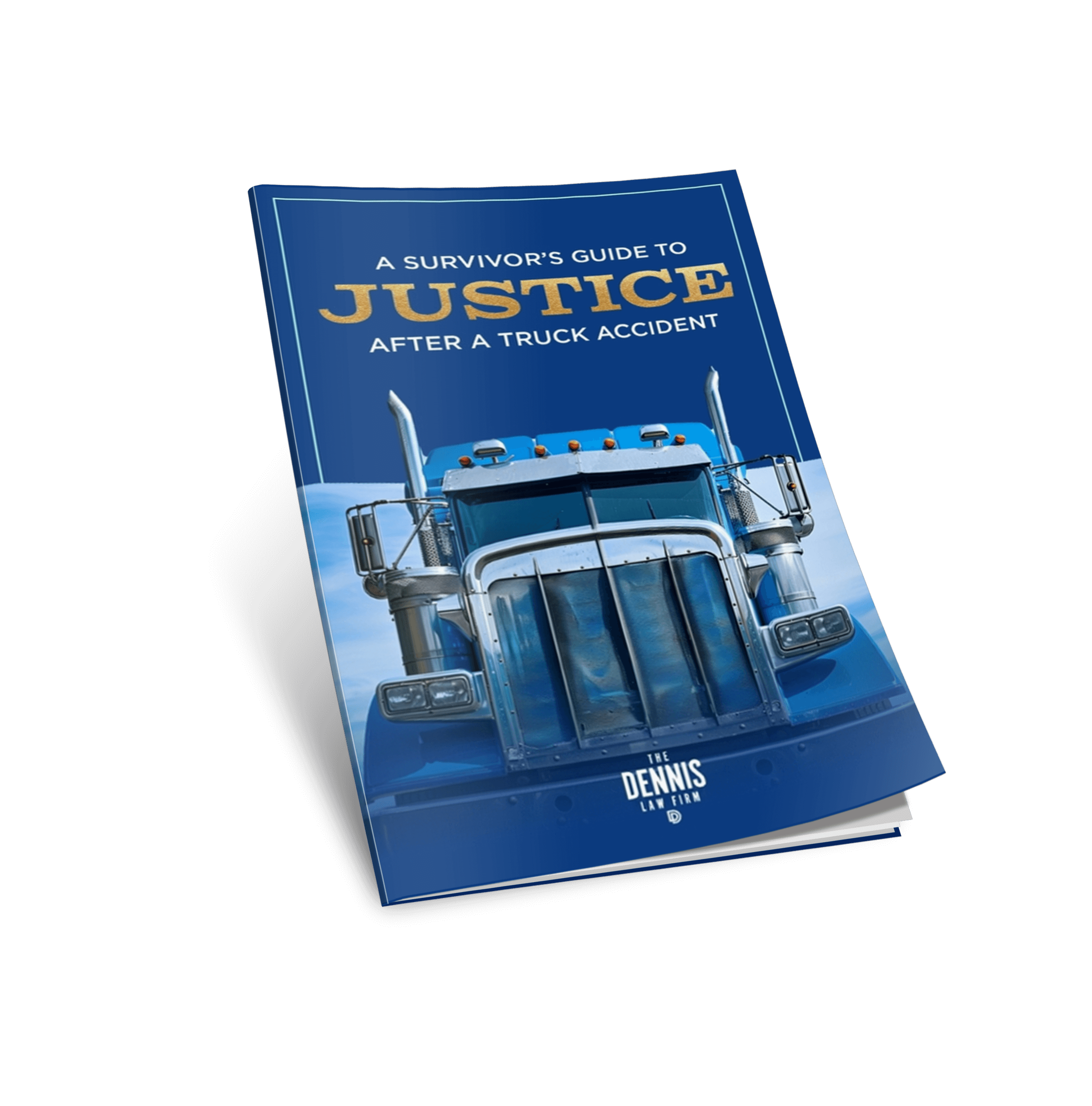 Legal guide cover for truck accident survivors, featuring a blue truck and justice-themed title.