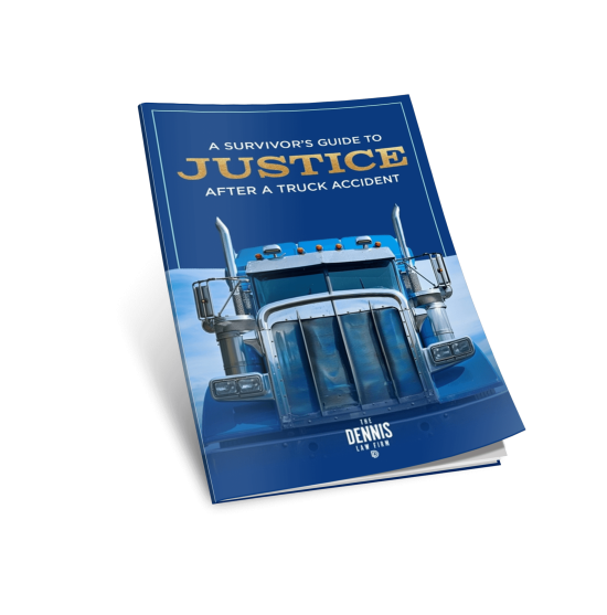 Legal guide cover for truck accident survivors, featuring a blue truck and justice-themed title.