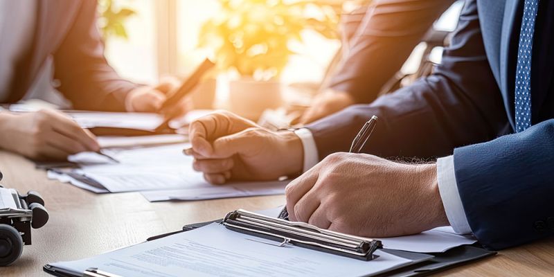 Business professionals signing documents at a meeting, with sunlight in the background, emphasizing teamwork and collaboration.
