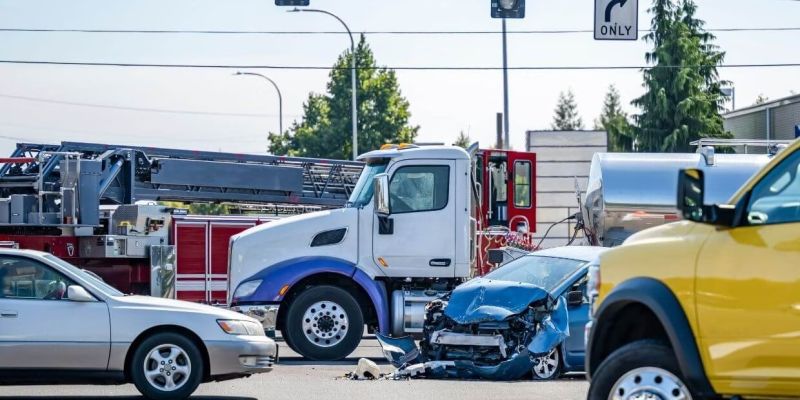 Multi-vehicle accident at intersection involving truck, sedan, and firetruck on a sunny day.