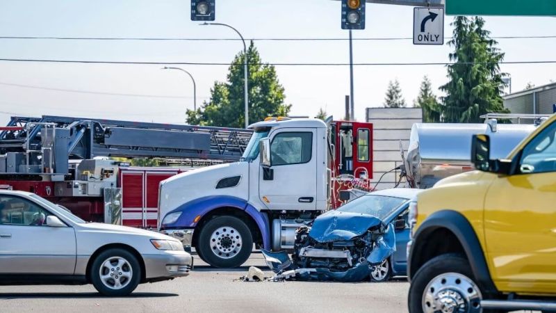 Multi-vehicle accident at intersection involving truck, sedan, and firetruck on a sunny day.