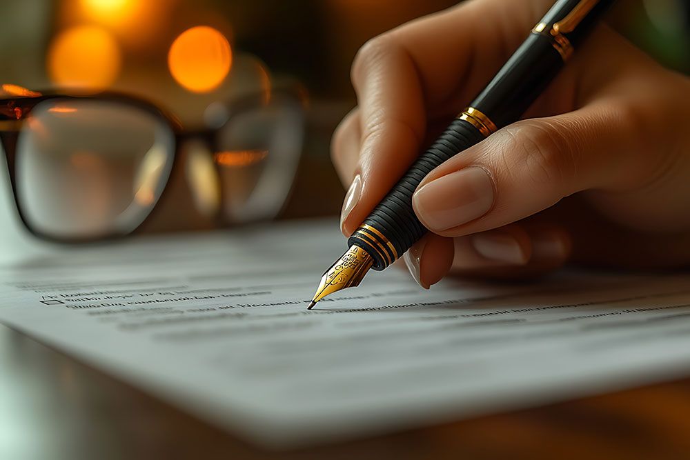 Close-up of a hand writing with a fountain pen, glasses in the background on a softly lit desk.