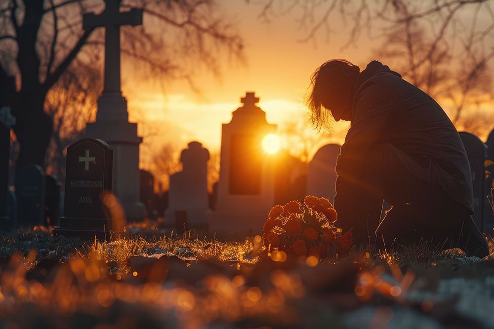 Silhouette of person mourning at a graveyard during sunset, surrounded by headstones and flowers.