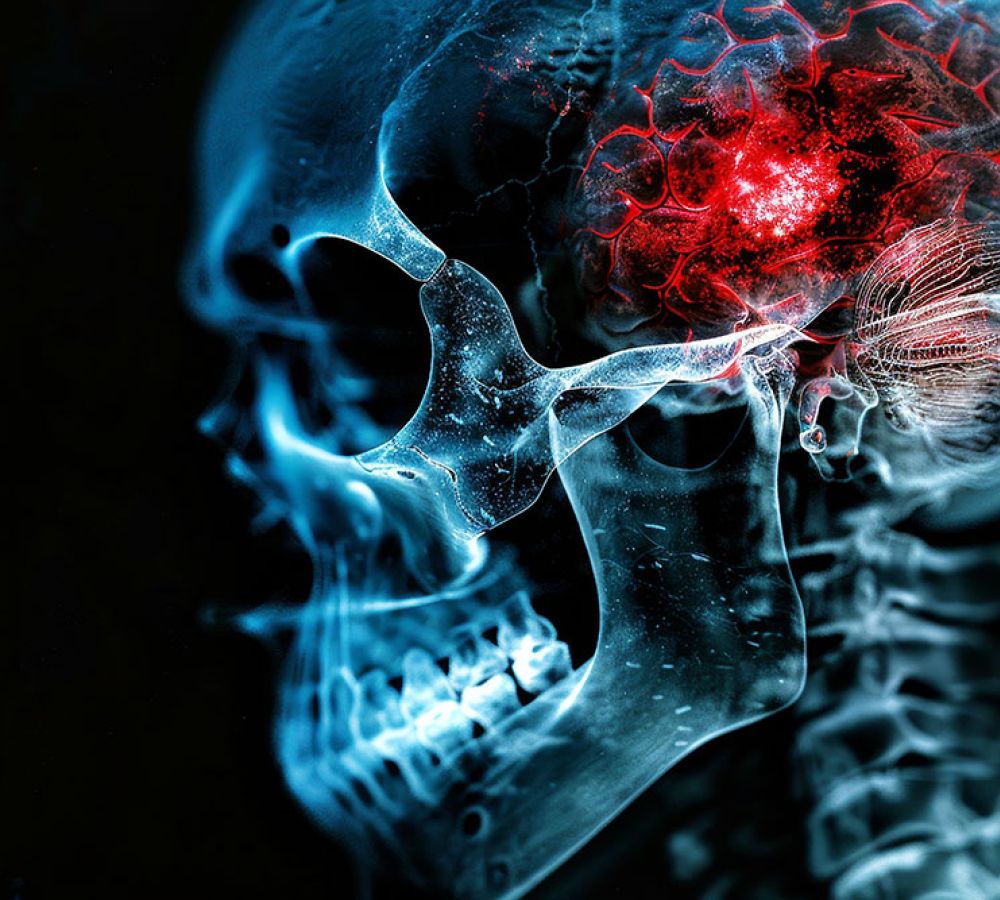 X-ray of a human skull with highlighted brain, showing a red area indicating potential brain injury or pain.