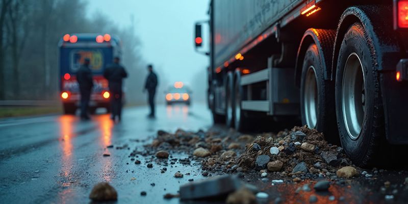 Truck roadside breakdown with debris scattered on wet roadway, emergency responders near vehicles with flashing lights.