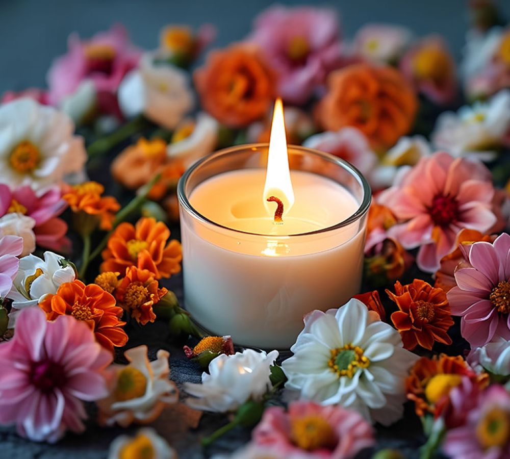 Lit candle surrounded by colorful flowers, creating a peaceful and relaxing atmosphere.