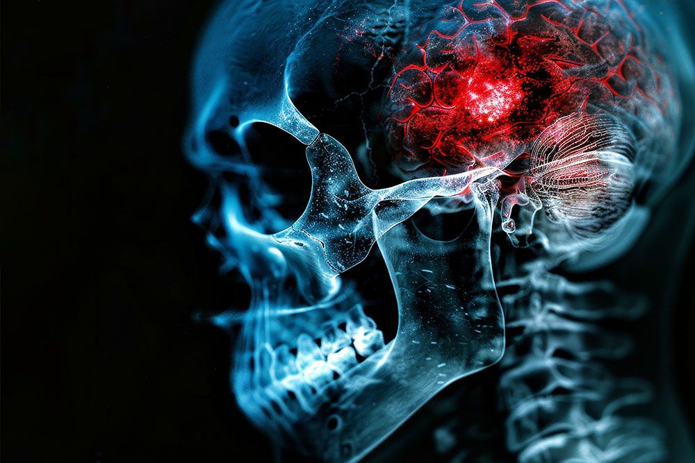 X-ray of a human skull with highlighted brain, showing a red area indicating potential brain injury or pain.