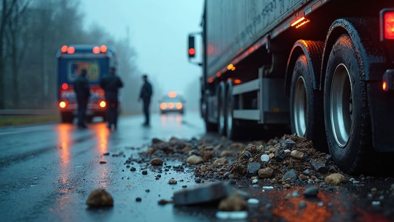 Truck roadside breakdown with debris scattered on wet roadway, emergency responders near vehicles with flashing lights.