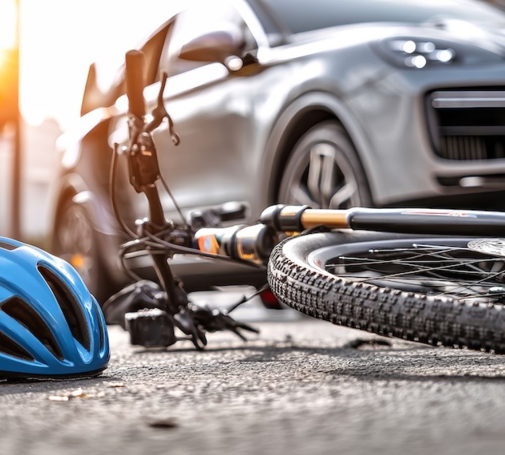 Blue helmet and fallen bicycle on road near car, highlighting road safety concerns.