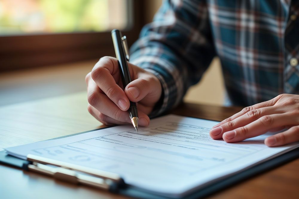 Close-up of a hand signing a document with a pen on a clipboard, symbolizing paperwork and contract agreements.