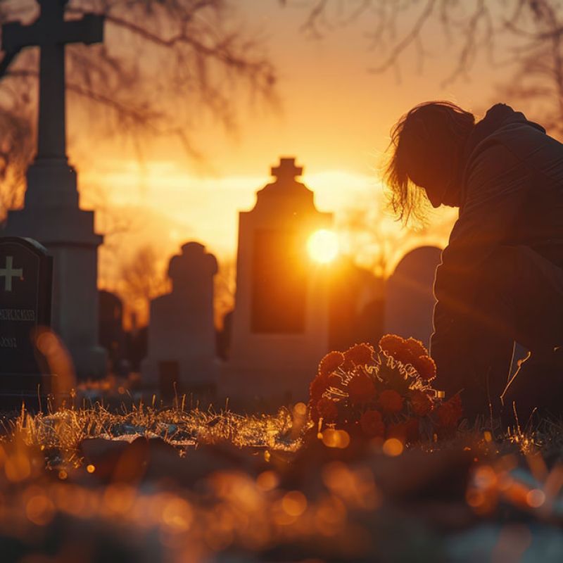 Silhouette of person mourning at a graveyard during sunset, surrounded by headstones and flowers.