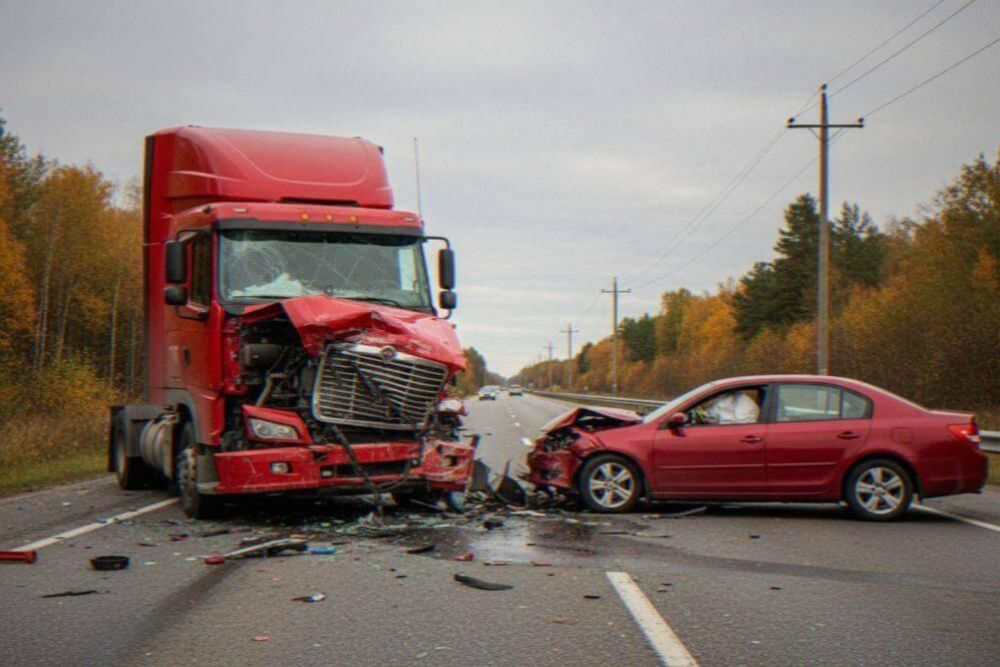 Red truck and car involved in an accident on the