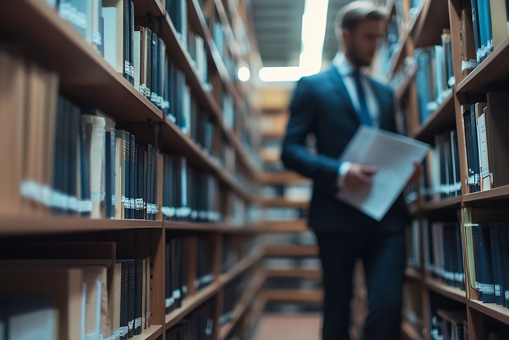 Man in a suit browsing books in a library aisle, holding documents.